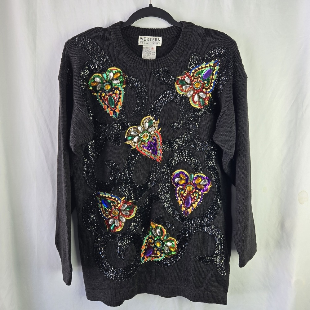 Vintage 90s Western Connection Sweater Womens M Beaded‎ Sequin Avant Garde Art